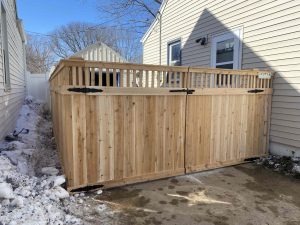 Milwaukee Wood Fence 6  Executive Privacy outside view double gate Milwaukee WI Shanahan 300x225